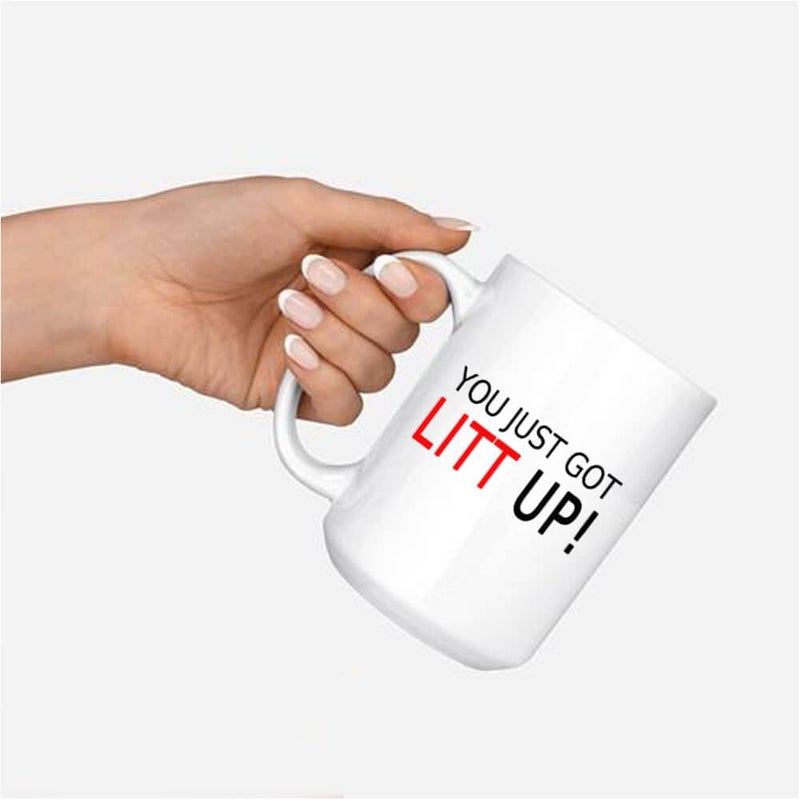 J.Ehonace 15oz 'You Just Got Litt Up' Coffee Cup - Double-Sided Funny Mug Gift for Suits Fans, White Ceramic with Sassy Quote - Image 3